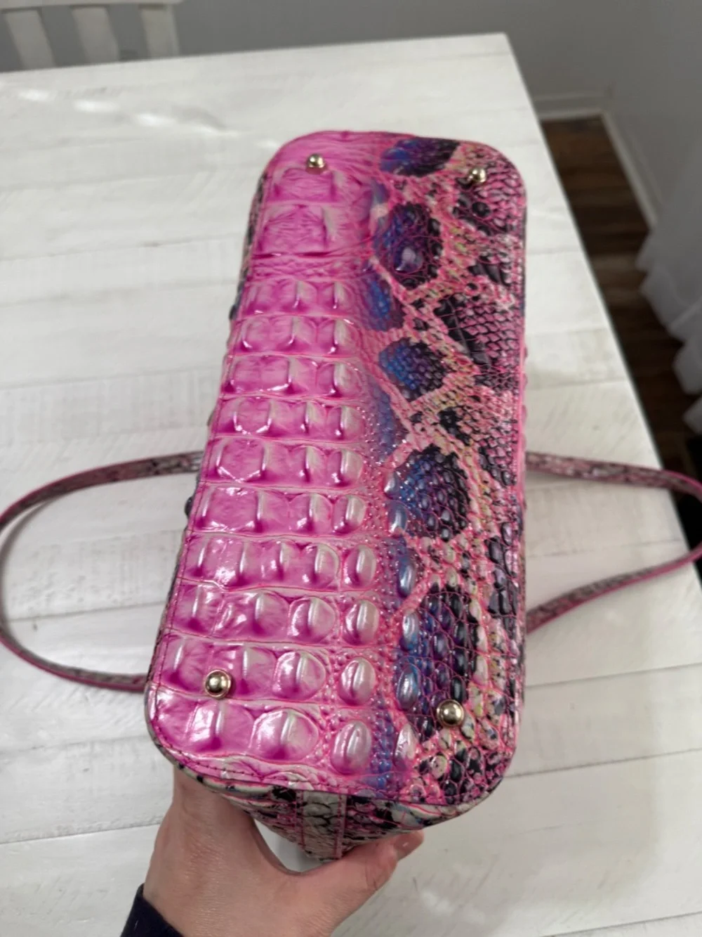 Brahmin Pink and Purple Croc Embossed Leather Tote
